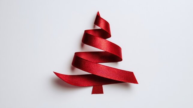 Creative red ribbon forming a christmas tree shape on clean white surface for modern festive seasonal visuals
