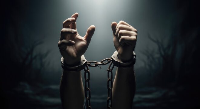 Chains binding wrists, symbol of oppression and struggle for freedom, against a dark, somber background.
