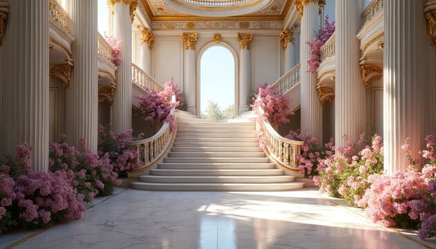Grand white marble staircase adorned with pink flower garlands inside fantasy palace interior. Ornate columns with gold accents lead to arched doorway. Sunlight streams into elegant opulent ballroom
