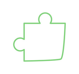 Flat outline of green jigsaw puzzle piece in silhouette style. Clean and simple graphic concept of boardgame play and leisure. Great for table game themes toy designs.