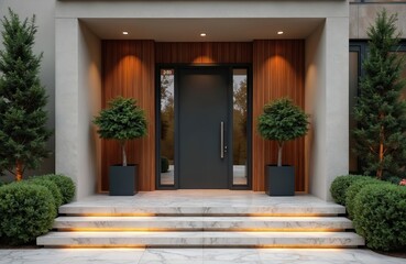 Modern house entrance features dark door and wood paneling. Marble steps have warm hidden lighting. Green bushes and potted plants decorate porch area. It is luxurious and inviting home design.
