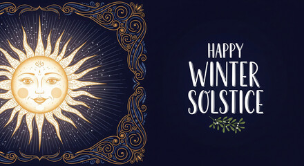 Celebrate winter solstice with this magical sun design, perfect for holiday greetings, seasonal promotions, and winter event invitations adding warmth and light