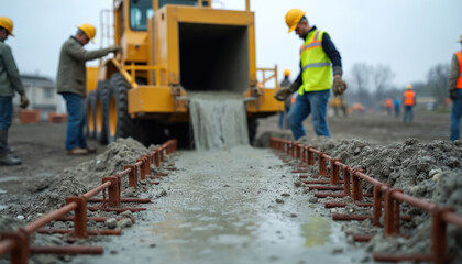 Crew pours concrete for foundation at construction site. Workers build base for future project. Men in hardhats and vests work with machinery. Team working to construct foundation.