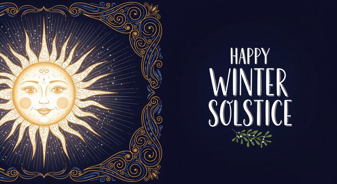 Celebrate winter solstice with this magical sun design, perfect for holiday greetings, seasonal promotions, and winter event invitations adding warmth and light