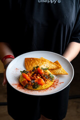 A person holds a white plate filled with a delicious dish featuring colorful ingredients, complemented by crunchy snacks, in a warm and inviting restaurant during the day