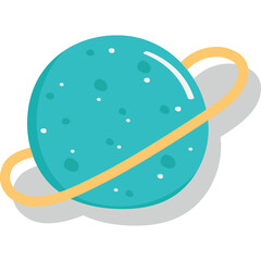 Stylized Teal Planet with Yellow Ring and Speckled Surface Floating in Space with Subtle Shadow on Transparent Background Cosmic Celestial Object Illustration