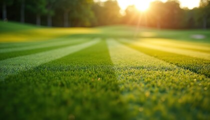 Close up turf on green golf course in morning light. Manicured lawn with stripes showcases detail. Perfect green grass texture is idyllic for recreation outdoor sport.