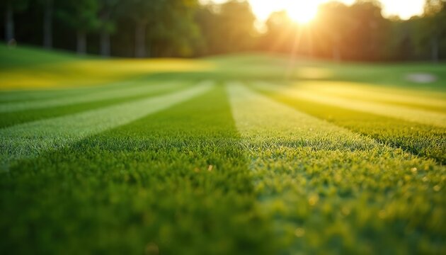Close up turf on green golf course in morning light. Manicured lawn with stripes showcases detail. Perfect green grass texture is idyllic for recreation outdoor sport.