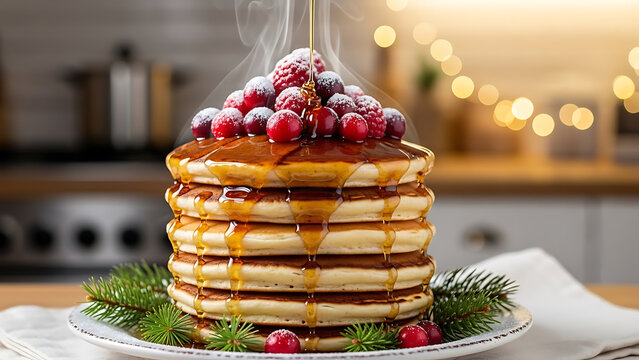 Indulge in a delightful stack of freshly made pancakes drizzled with luscious syrup and topped with frosty cranberries for a festive, cozy breakfast or heartwarming brunch experience