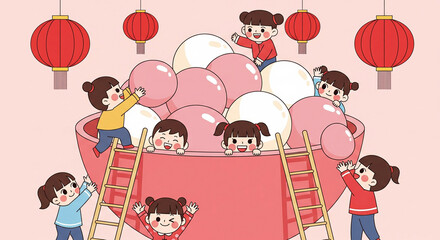 Delightful cartoon children celebrate the Lantern Festival with sweet glutinous rice balls and festive red lanterns, sharing joy and tradition during this special holiday