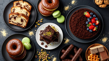 Indulge in decadent delights with this rich chocolate cake, glazed donuts, marble loaf, and chocolate brownies, perfect for tantalizing dessert menus and sweet treat cravings