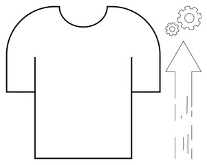 T-shirt outline alongside upward arrow and gear icons, symbolizing progress, creativity, or enhancement in fashion design, manufacturing, and innovation. Ideal for branding, marketing