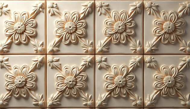 Decorative plaster tiles with floral ornaments in neutral beige tones. Intricate relief pattern for classic interiors. Elegant surface texture for walls or floors.