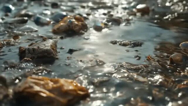 Polluted water with trash closeup.
