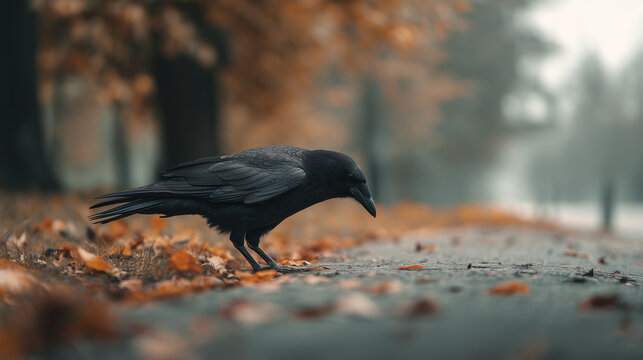 Ai raven walking on a path covered with autumn leaves in a foggy park