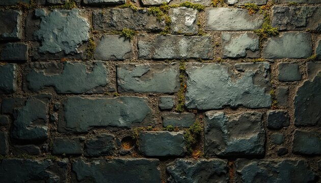 Old stone wall with visible mortar joints and patches of green moss growing. The rough textured surface shows signs of wear and weathering with cracks and stains creating a vintage grunge effect.