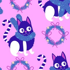 Cartoon funny cats seamless Christmas pattern for wrapping paper and kids clothes print and festive packaging