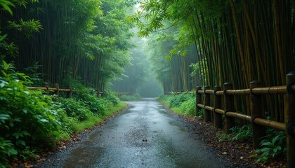Obraz premium Rain falls on pathway in bamboo forest. Path leads through thick grove. Wooden fence runs along road. Lush plants thrives. Wet weather in jungle creates tranquil atmosphere. Natural landscape is seen.