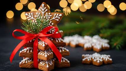 Delicious gingerbread cookie stack with bright red ribbon and evergreen sprigs captures the magic of the holidays, perfect for festive baking projects and cozy winter vibes