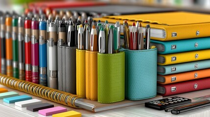 Colorful assortment of office stationery and supplies arranged on a desk for effective organization and productivity during work or study sessions