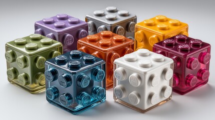 Colorful stack of transparent blocks arranged in a playful pattern showcasing various shapes and colors near a simple background