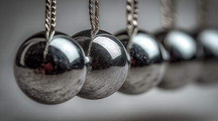 Close-up of reflective metallic spheres hanging in a row, showcasing light and texture