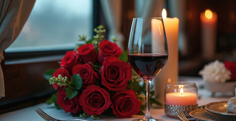 Elegant dinner set on train table. Red roses, wine glass, candles create romantic mood. City lights visible through window suggest travel and luxury.