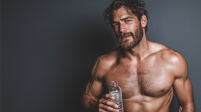 Muscular man holding a water bottle poses confidently against a dark background in a fitness studio, showcasing strength and determination during a workout session