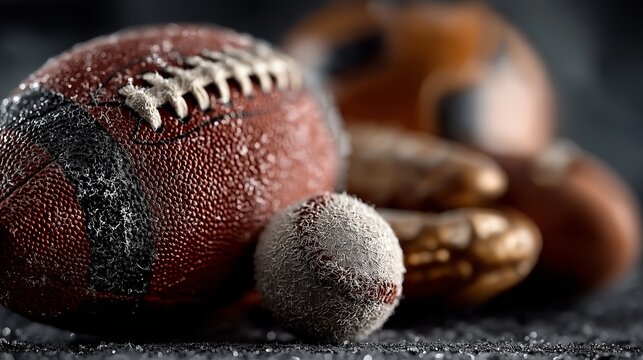Different types of balls arranged together with a textured background highlighting sports gear and equipment