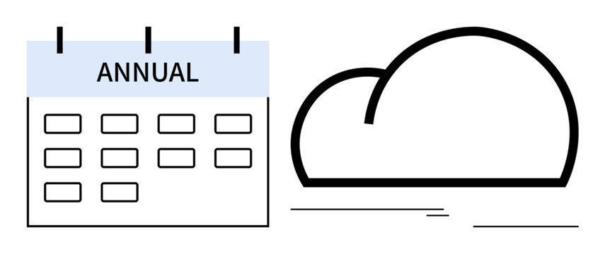 Calendar labeled Annual with minimal cloud graphic. Ideal for scheduling, event planning, deadlines, digital tools, cloud storage, productivity, modern designs. Simple flat metaphor