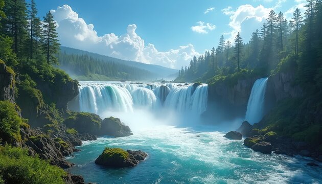 Powerful wide waterfall cascades into vibrant turquoise river. Rich green forest with tall pine trees covers rocky cliffs. Bright blue sky with fluffy white clouds above adds to serene, wild nature