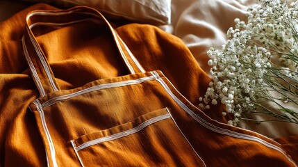 Close-up of warm orange pajamas with white piping on bedding, beside delicate white flowers