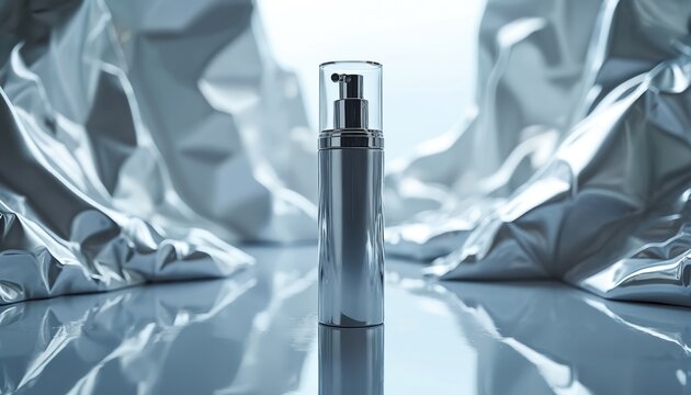 Sleek silver airless pump bottle for skincare, beauty packaging. Modern metallic design with clear cap. Luxury cosmetic product in minimalist setting with reflective surface, crumpled metallic