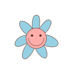 Groovy retro cute flower sticker in blue cartoon graphic style. Happy smiley and colorful y2k icon adds a cheerful, playful pop to designs. Fun element for vibrant, positive projects.