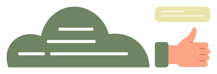 Green cloud with data lines, thumbs-up as approval, floating message bubble. Ideal for technology, data sharing, teamwork, communication, storage success efficiency. Bright simple flat metaphor