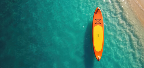 Orange paddleboard floats in turquoise ocean near beach shore. Aerial view of paddle board on sea water. Summer vacation activity. Water sport equipment for sup surfing fun.