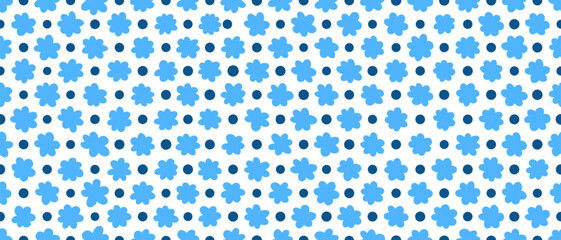 Seamless endless horizontal blue floral pattern with checkered polka dots. Cute hand drawn vector illustration for baby fabric background, gift wrapping paper, texture brushes for graphic design.