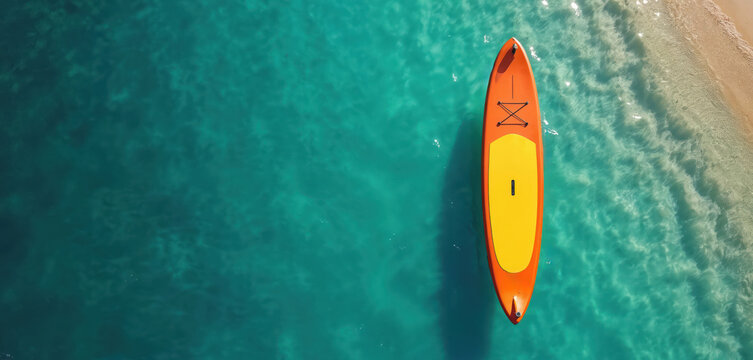 Orange paddleboard floats in turquoise ocean near beach shore. Aerial view of paddle board on sea water. Summer vacation activity. Water sport equipment for sup surfing fun.