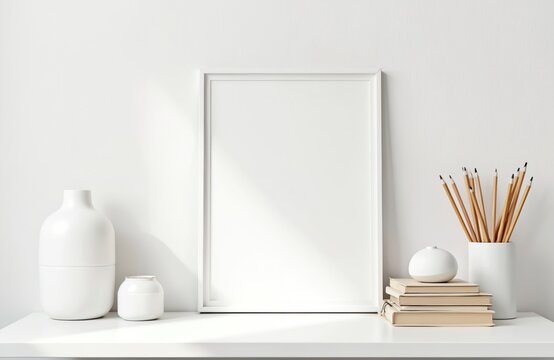 White modern desk with blank frame mockup. Minimal workspace interior setup with vases, books and pencil set. Clean and stylish office table scene near white wall with sunlight.