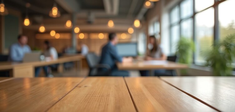 Polished wooden table in sharp focus with blurred busy office background. People work on laptops and computers. Office interior with modern design and warm lighting. Wooden desk in foreground.