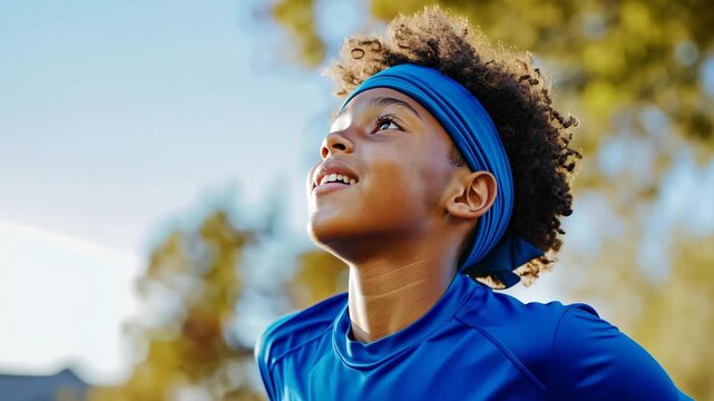 Joyful child running outdoors in nature under bright sky