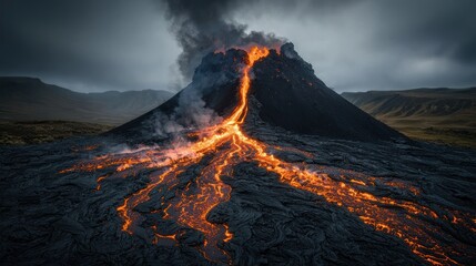 Dramatic volcanic eruption with bright orange lava flowing down a black cone under dark sky
