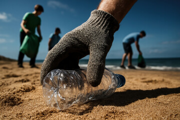 Beach Cleanup Picking Plastic Waste