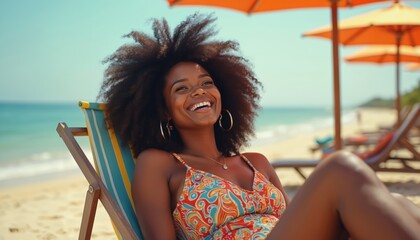 Happy young Black woman relaxes in beach chair. Laughs, enjoying sun. Afro hair frames beautiful smile. Colorful swimwear, tropical sea, sand, orange umbrellas complete perfect summer vacation day