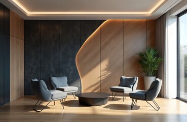 Fototapeta premium Modern office lobby with sleek gray chairs, black round table. Wall paneling features illuminated curve accent. Large window with natural light, potted plant. Empty contemporary interior design space.