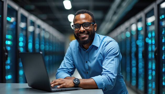 Man works with laptop in data center. IT engineer manages database. African American guy smiles at camera in server room. Confident technician at tech workspace looks positive.