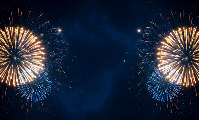 Festive fireworks background on a dark starry night sky for New Year, Christmas, or other holiday banner design with copy space
