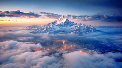 Aerial view of a city glowing at twilight above the clouds with majestic snowy mountain peaks at sunset