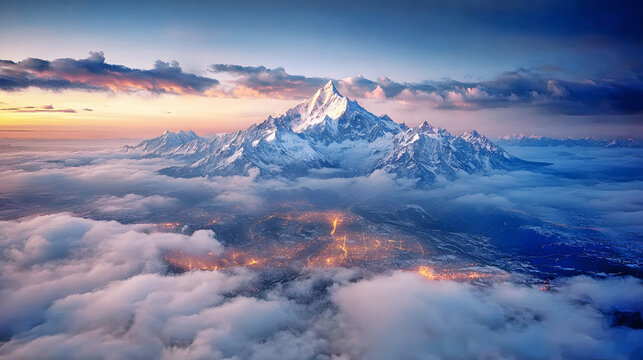Aerial view of a city glowing at twilight above the clouds with majestic snowy mountain peaks at sunset
