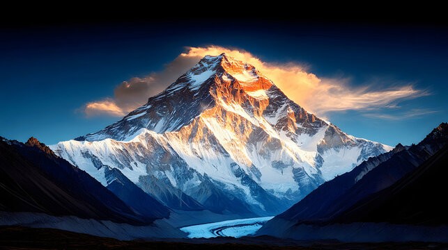 Majestic snow-capped mountain peak glowing in warm sunrise light with deep blue shadows, natural landscape background
- Powered by Adobe